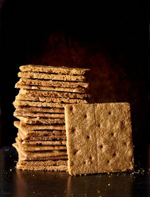 A stack of Bakehouse graham crackers made with freshly milled whole grain