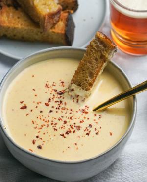 Cheddar Ale Savory Soup with a Breadstick