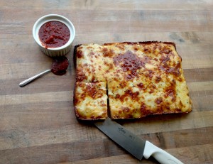 Detroit Style Pizza, sauce goes on top