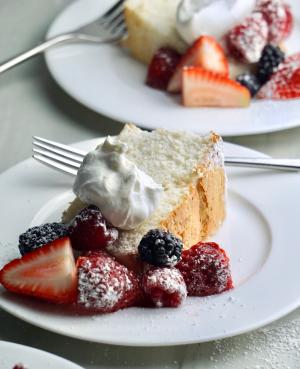 Fresh Berries on angel food cake with whipped cream