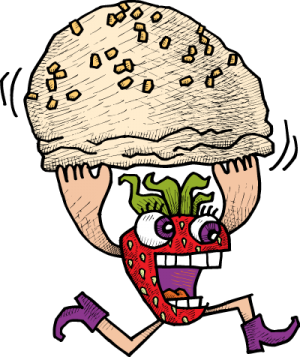illustrated strawberry carrying a sweet cream biscuit